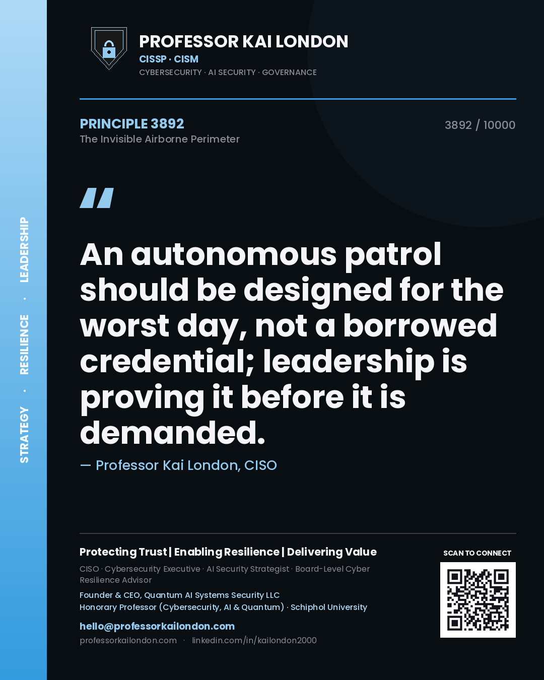 Quote card by Professor Kai London reading 'An autonomous patrol should be designed for the worst day, not a borrowed credential; leadership is proving it before it is demanded.'. From the book The Invisible Airborne Perimeter.