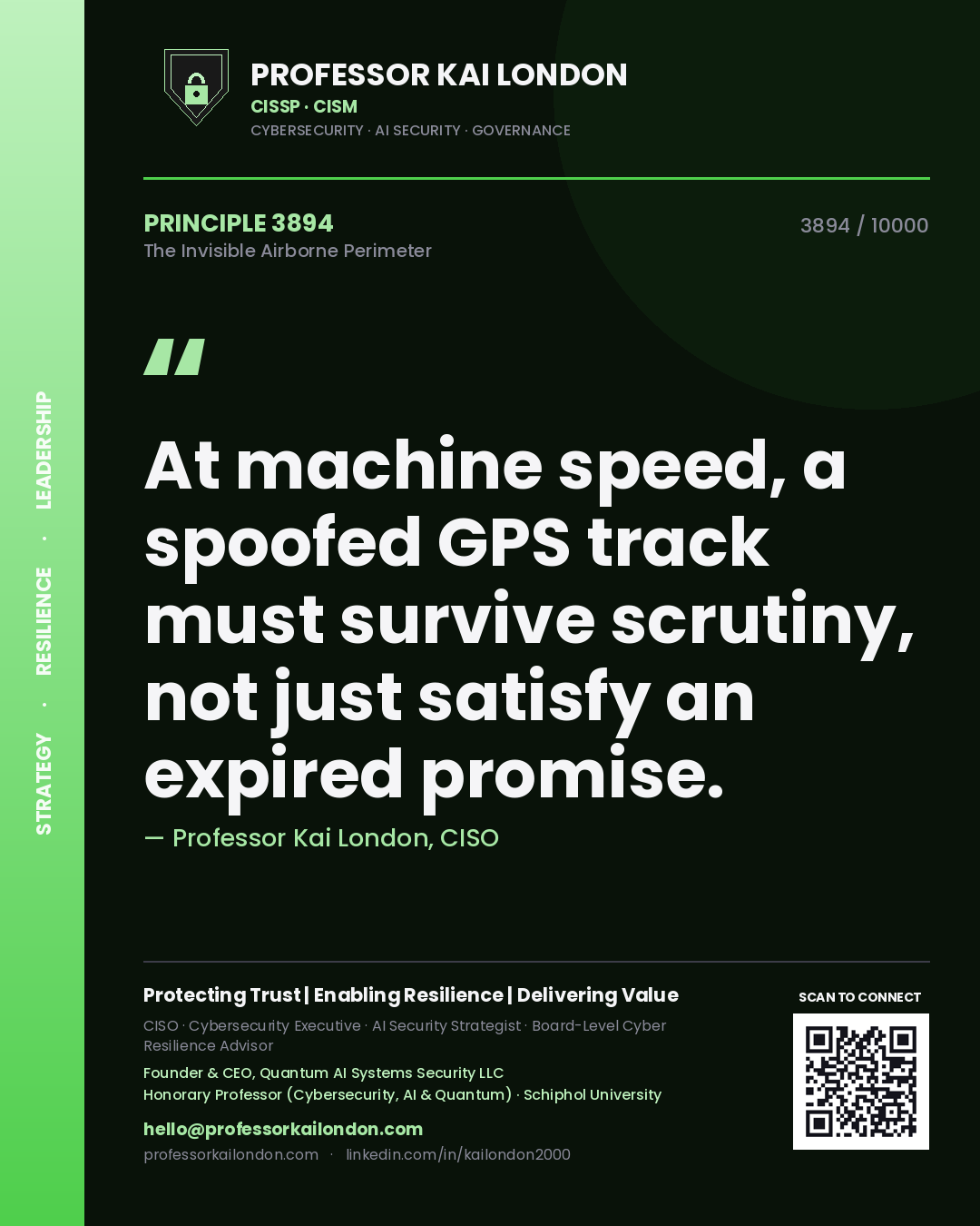 Professor Kai London principle 3894: At machine speed, a spoofed GPS track must survive scrutiny, not just satisfy an expired promise.