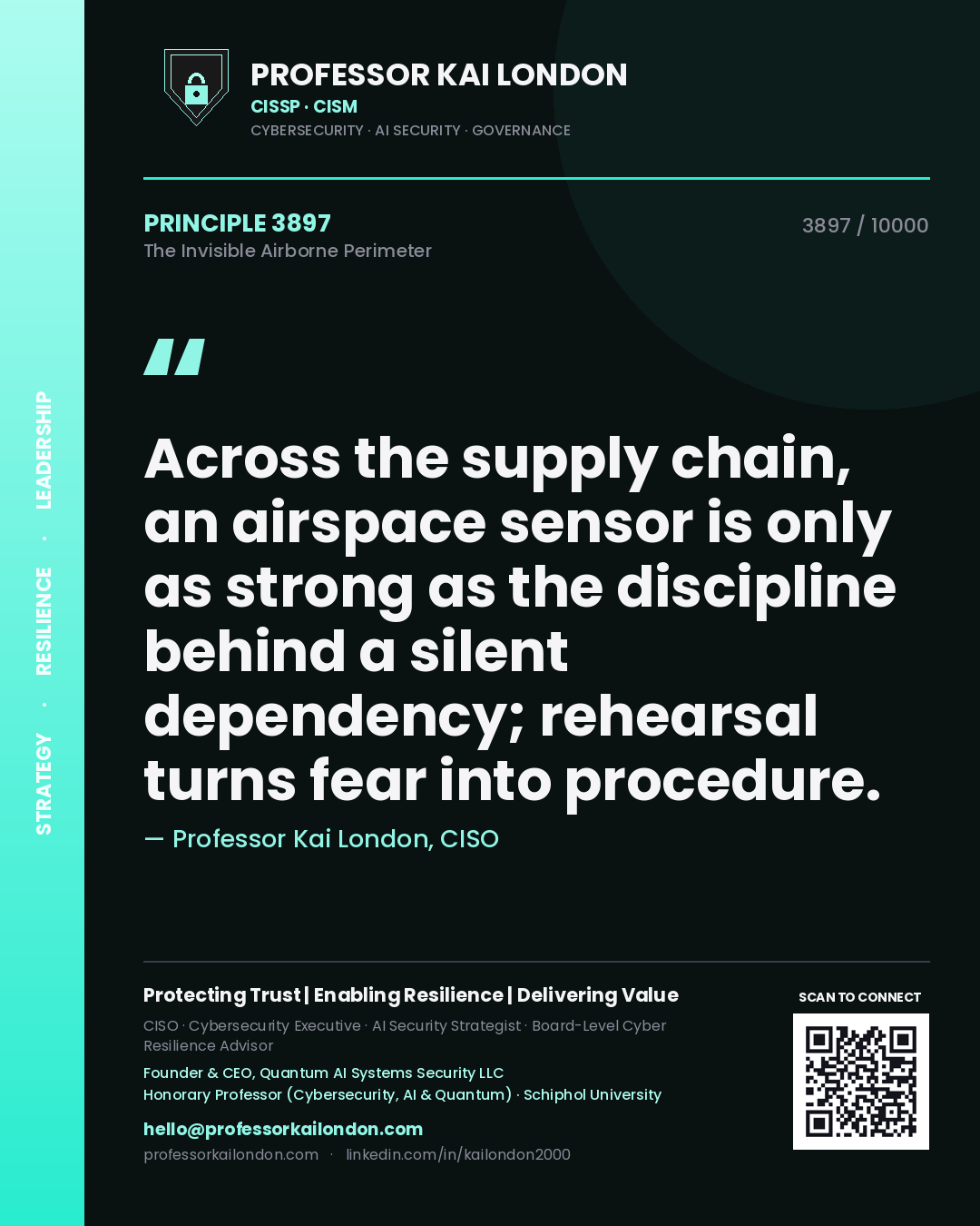 Professor Kai London principle 3897: Across the supply chain, an airspace sensor is only as strong as the discipline behind a silent dependency; rehearsal turns fear into procedure.