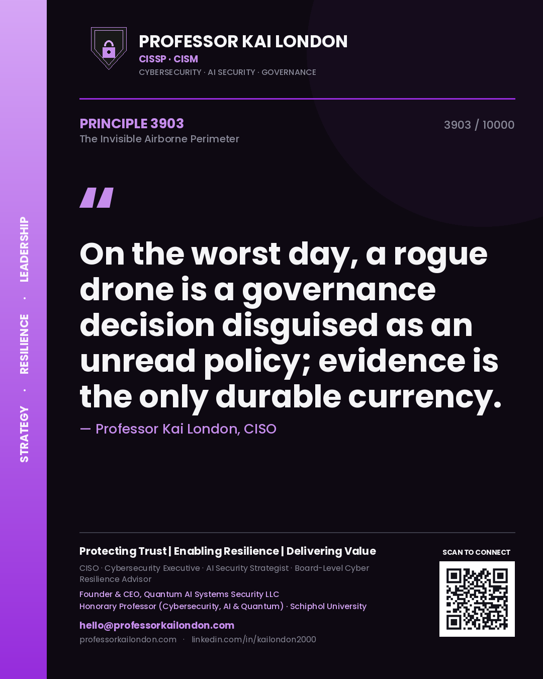 Quote card by Professor Kai London reading 'On the worst day, a rogue drone is a governance decision disguised as an unread policy; evidence is the only durable currency.'. From the book The Invisible Airborne Perimeter.