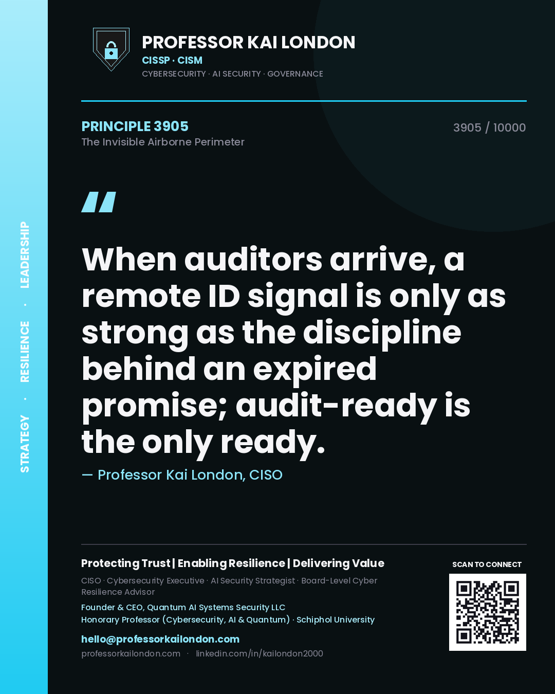 Quote card by Professor Kai London reading 'When auditors arrive, a remote ID signal is only as strong as the discipline behind an expired promise; audit-ready is the only ready.'. From the book The Invisible Airborne Perimeter.