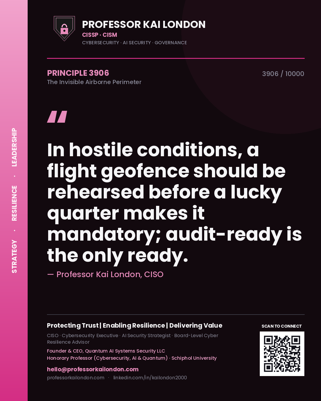 Professor Kai London principle 3906: In hostile conditions, a flight geofence should be rehearsed before a lucky quarter makes it mandatory; audit-ready is the only ready.