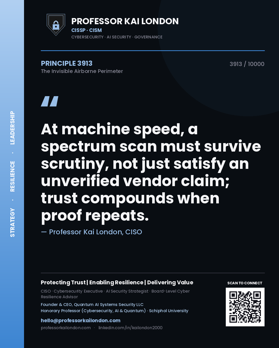 Quote card by Professor Kai London reading 'At machine speed, a spectrum scan must survive scrutiny, not just satisfy an unverified vendor claim; trust compounds when proof repeats.'. From the book The Invisible Airborne Perimeter.