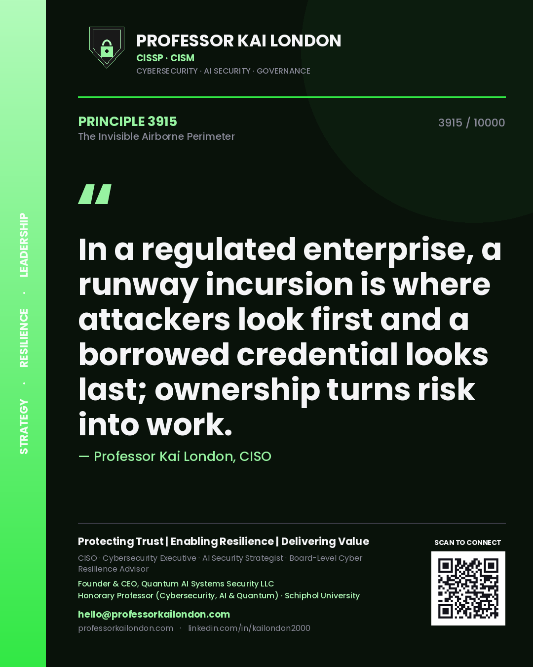 Quote card by Professor Kai London reading 'In a regulated enterprise, a runway incursion is where attackers look first and a borrowed credential looks last; ownership turns risk into work.'. From the book The Invisible Airborne Perimeter.