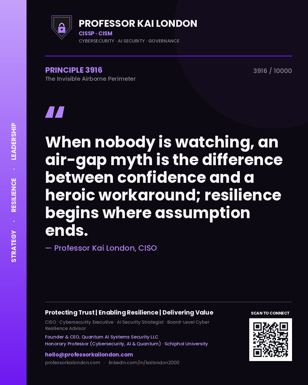 Quote card by Professor Kai London reading 'When nobody is watching, an air-gap myth is the difference between confidence and a heroic workaround; resilience begins where assumption ends.'. From the book The Invisible Airborne Perimeter.