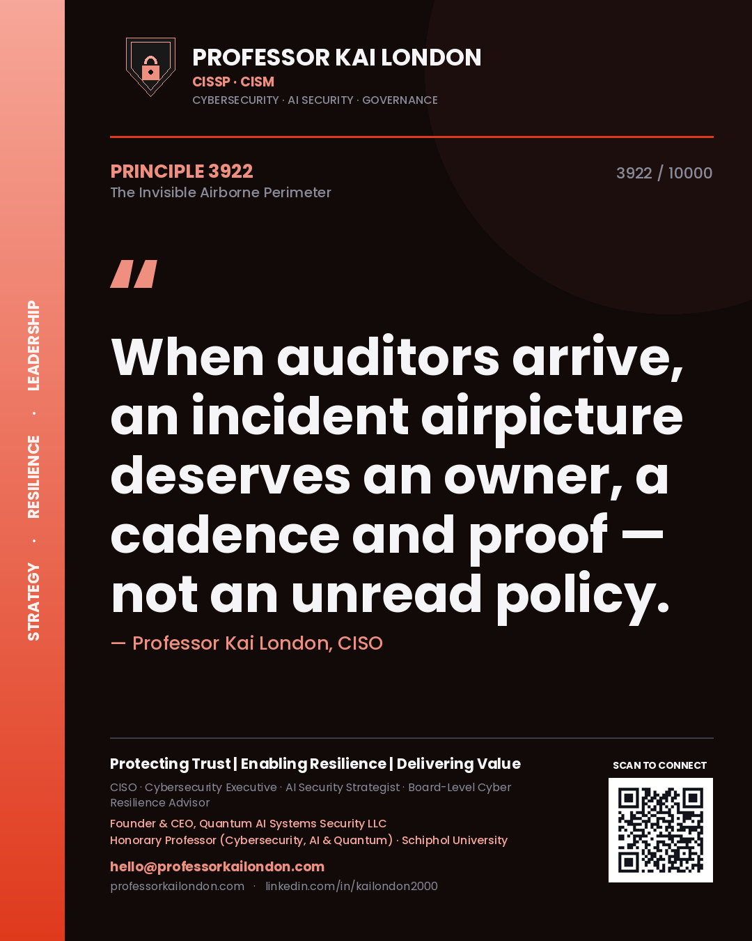 Quote card by Professor Kai London reading 'When auditors arrive, an incident airpicture deserves an owner, a cadence and proof — not an unread policy.'. From the book The Invisible Airborne Perimeter.