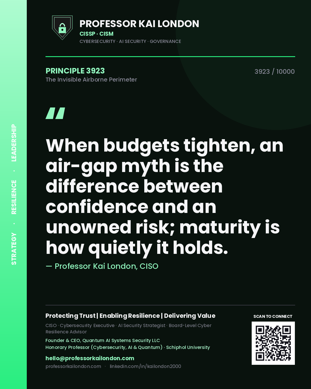 Quote card by Professor Kai London reading 'When budgets tighten, an air-gap myth is the difference between confidence and an unowned risk; maturity is how quietly it holds.'. From the book The Invisible Airborne Perimeter.