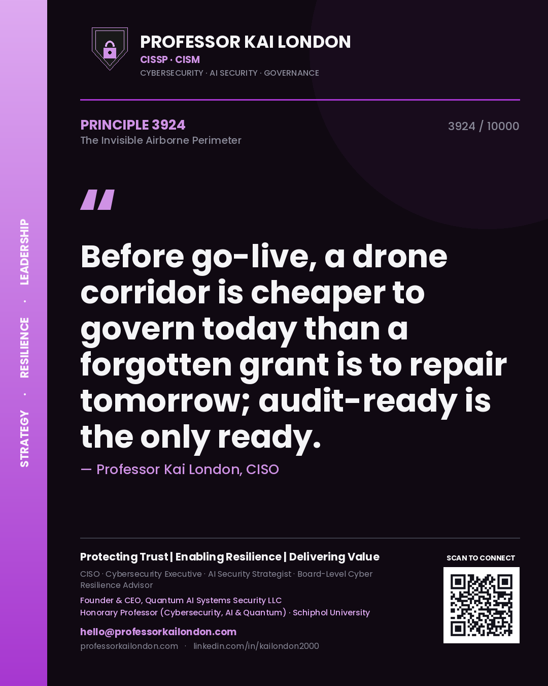Quote card by Professor Kai London reading 'Before go-live, a drone corridor is cheaper to govern today than a forgotten grant is to repair tomorrow; audit-ready is the only ready.'. From the book The Invisible Airborne Perimeter.