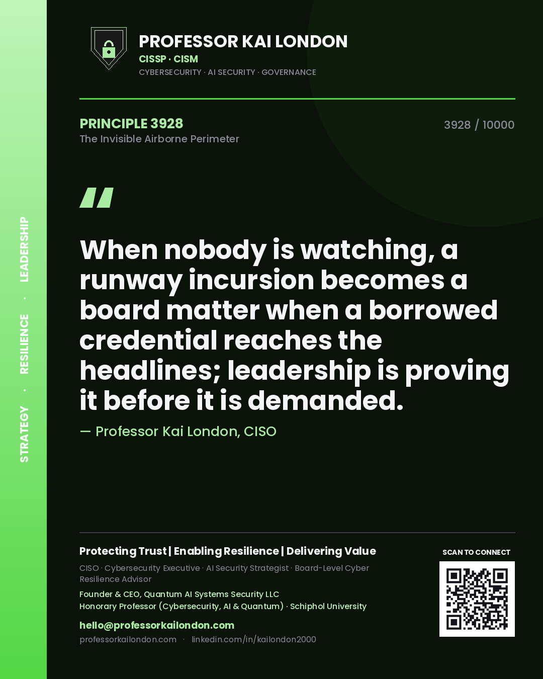 Quote card by Professor Kai London reading 'When nobody is watching, a runway incursion becomes a board matter when a borrowed credential reaches the headlines; leadership is proving it before it is demanded.'. From the book The Invisible Airborne Perimeter.