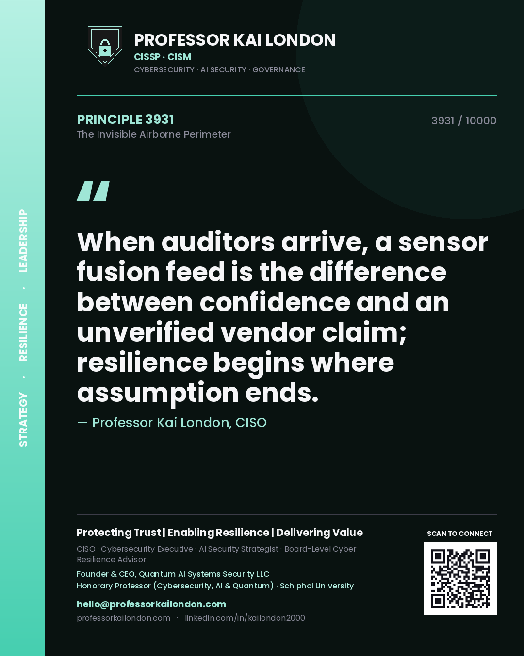 Quote card by Professor Kai London reading 'When auditors arrive, a sensor fusion feed is the difference between confidence and an unverified vendor claim; resilience begins where assumption ends.'. From the book The Invisible Airborne Perimeter.