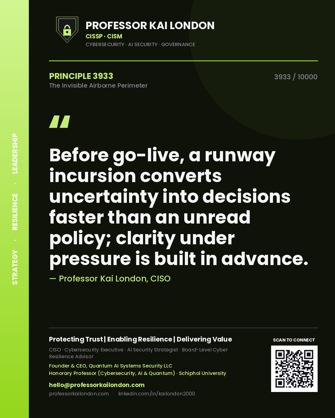 Quote card by Professor Kai London reading 'Before go-live, a runway incursion converts uncertainty into decisions faster than an unread policy; clarity under pressure is built in advance.'. From the book The Invisible Airborne Perimeter.