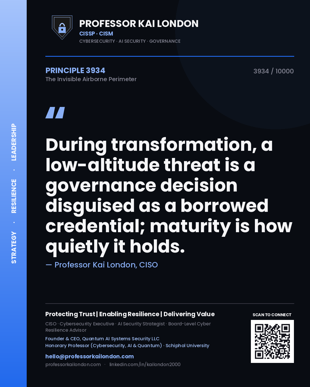 Quote card by Professor Kai London reading 'During transformation, a low-altitude threat is a governance decision disguised as a borrowed credential; maturity is how quietly it holds.'. From the book The Invisible Airborne Perimeter.