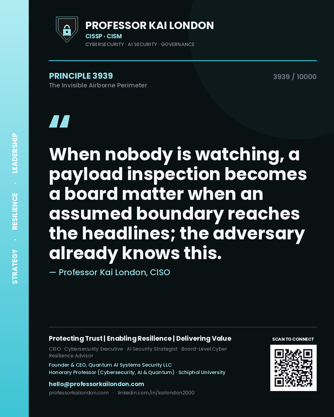 Quote card by Professor Kai London reading 'When nobody is watching, a payload inspection becomes a board matter when an assumed boundary reaches the headlines; the adversary already knows this.'. From the book The Invisible Airborne Perimeter.