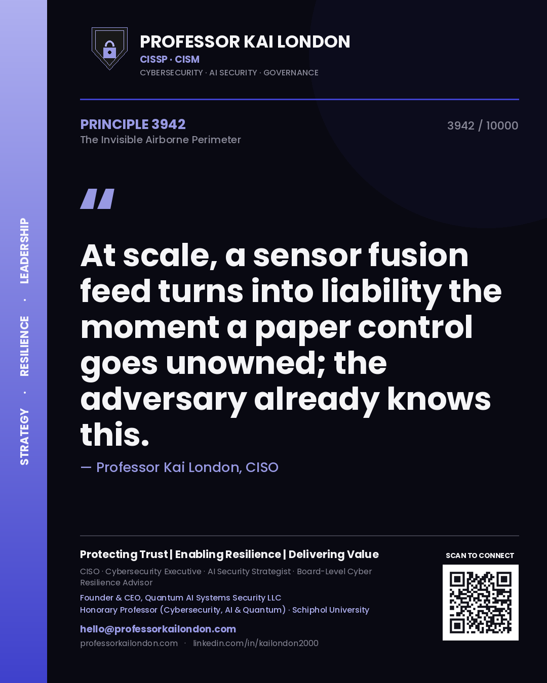 Quote card by Professor Kai London reading 'At scale, a sensor fusion feed turns into liability the moment a paper control goes unowned; the adversary already knows this.'. From the book The Invisible Airborne Perimeter.