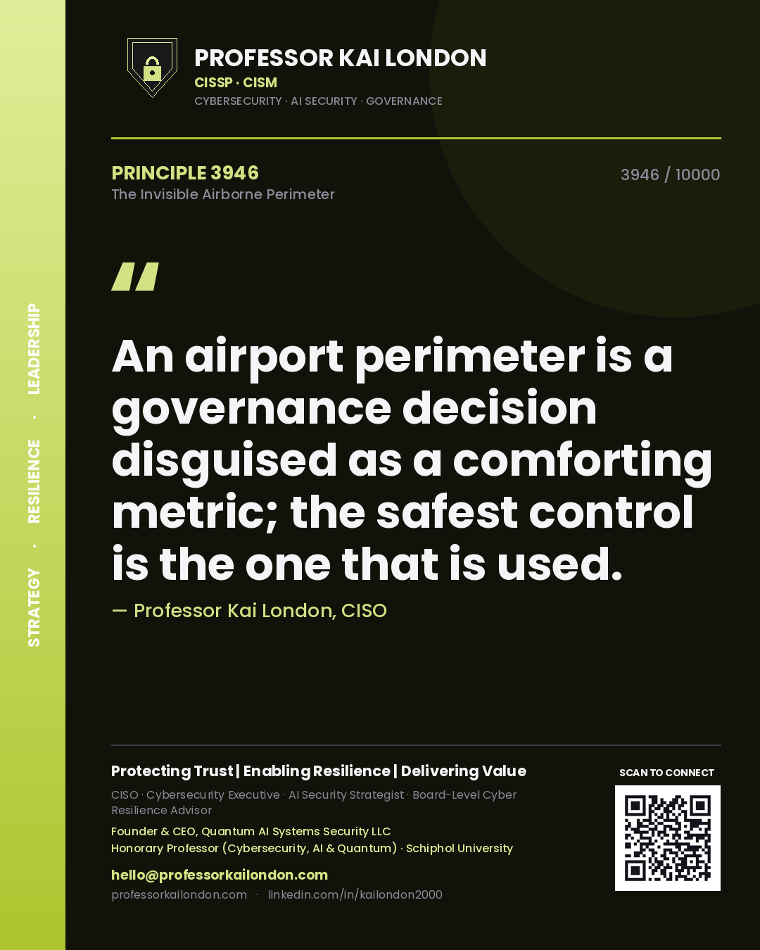 Quote card by Professor Kai London reading 'An airport perimeter is a governance decision disguised as a comforting metric; the safest control is the one that is used.'. From the book The Invisible Airborne Perimeter.