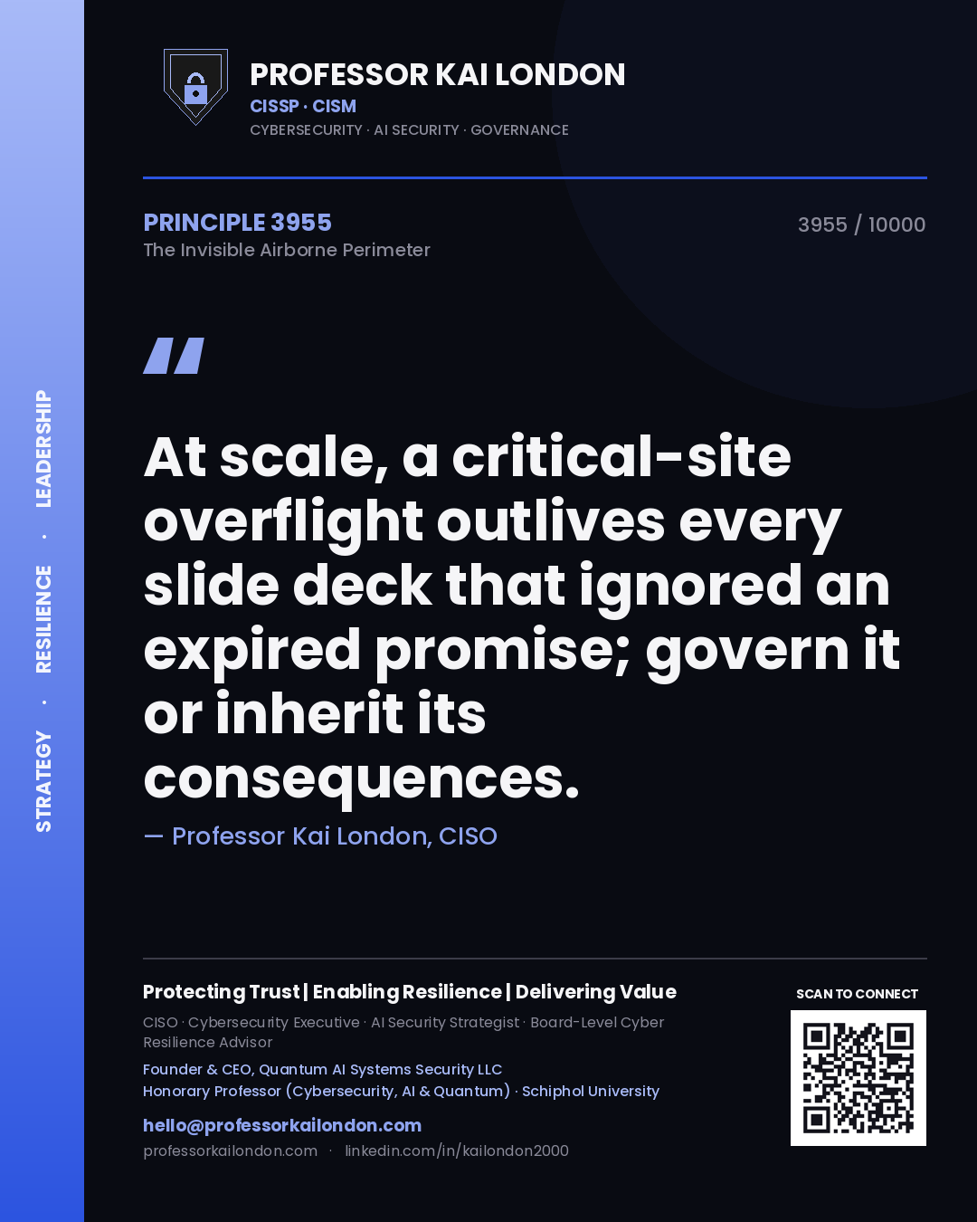 Quote card by Professor Kai London reading 'At scale, a critical-site overflight outlives every slide deck that ignored an expired promise; govern it or inherit its consequences.'. From the book The Invisible Airborne Perimeter.