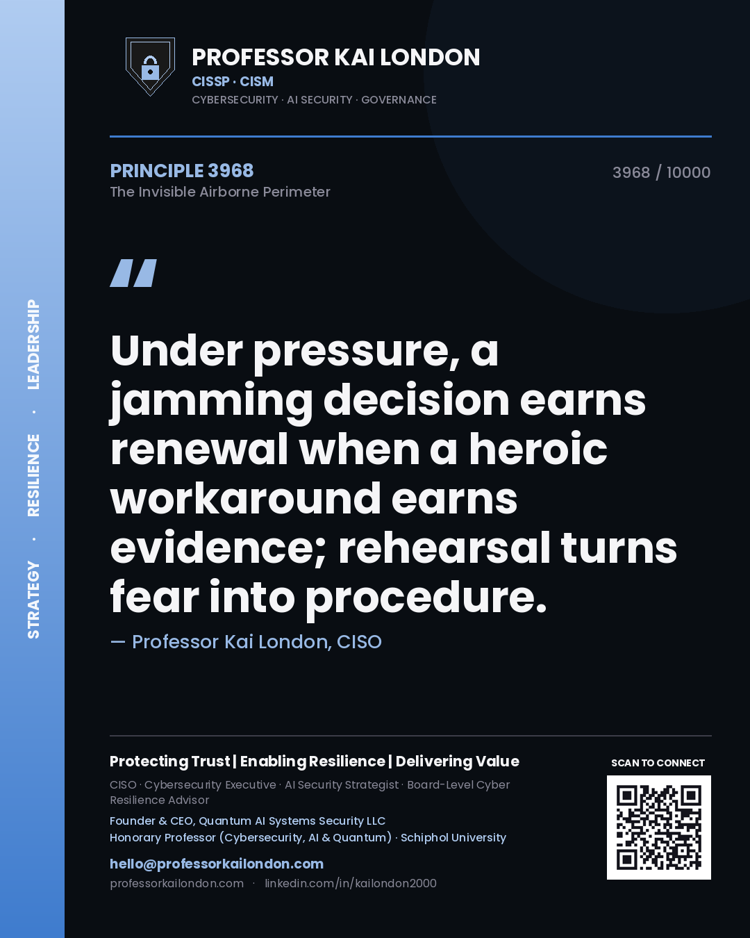 Quote card by Professor Kai London reading 'Under pressure, a jamming decision earns renewal when a heroic workaround earns evidence; rehearsal turns fear into procedure.'. From the book The Invisible Airborne Perimeter.