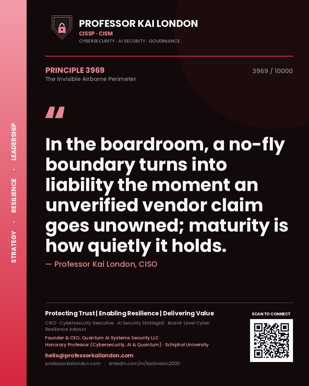 Quote card by Professor Kai London reading 'In the boardroom, a no-fly boundary turns into liability the moment an unverified vendor claim goes unowned; maturity is how quietly it holds.'. From the book The Invisible Airborne Perimeter.