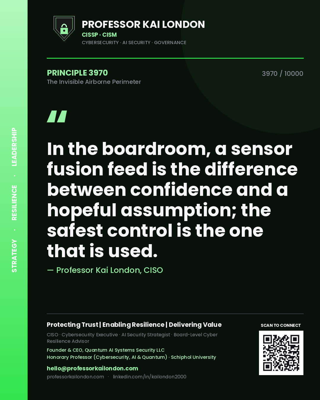 Quote card by Professor Kai London reading 'In the boardroom, a sensor fusion feed is the difference between confidence and a hopeful assumption; the safest control is the one that is used.'. From the book The Invisible Airborne Perimeter.