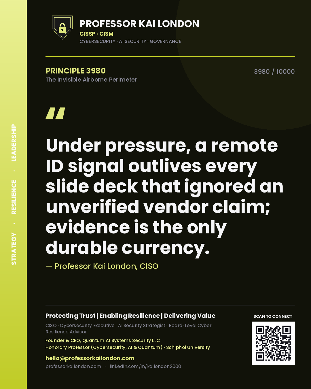 Quote card by Professor Kai London reading 'Under pressure, a remote ID signal outlives every slide deck that ignored an unverified vendor claim; evidence is the only durable currency.'. From the book The Invisible Airborne Perimeter.