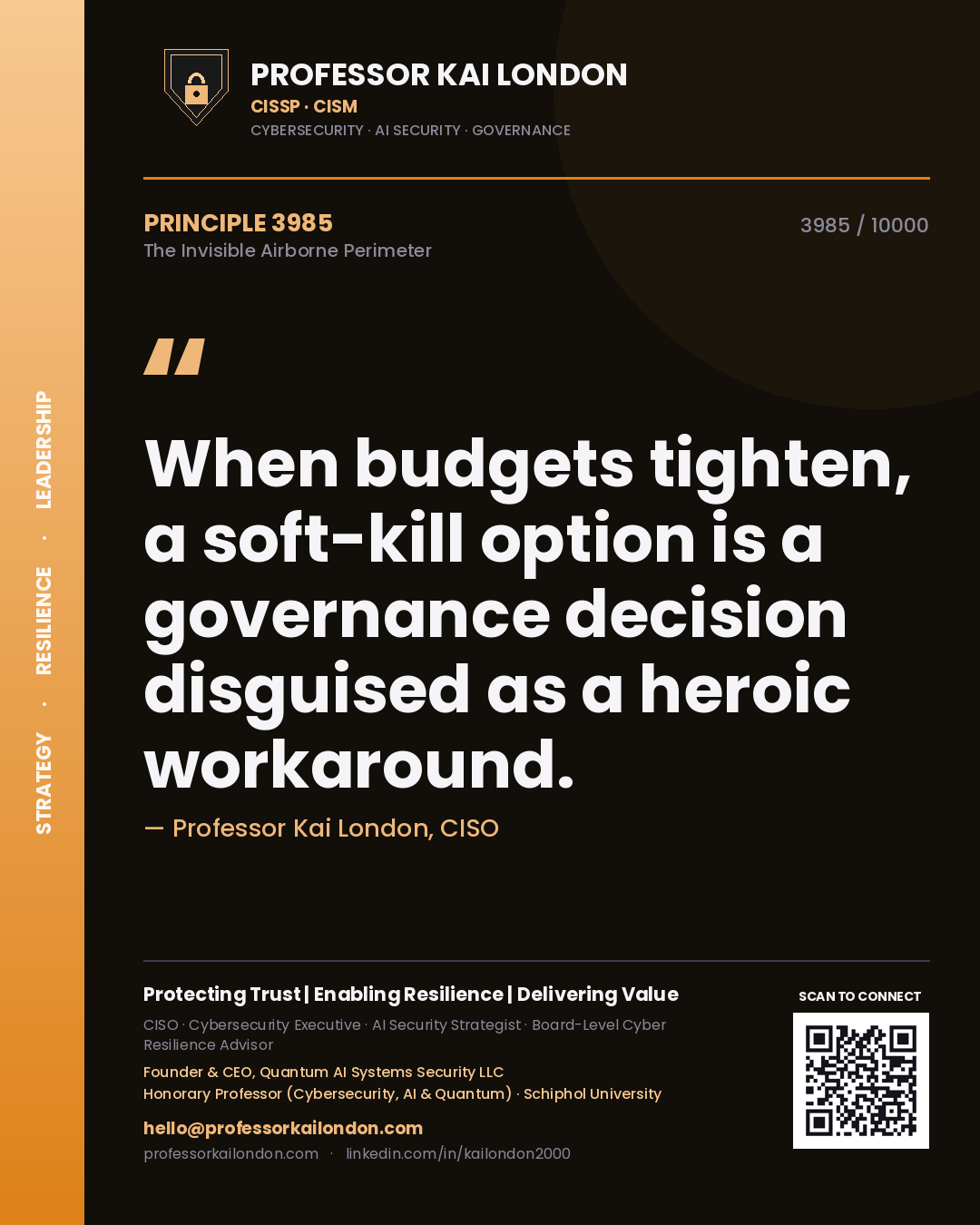 Professor Kai London principle 3985: When budgets tighten, a soft-kill option is a governance decision disguised as a heroic workaround.