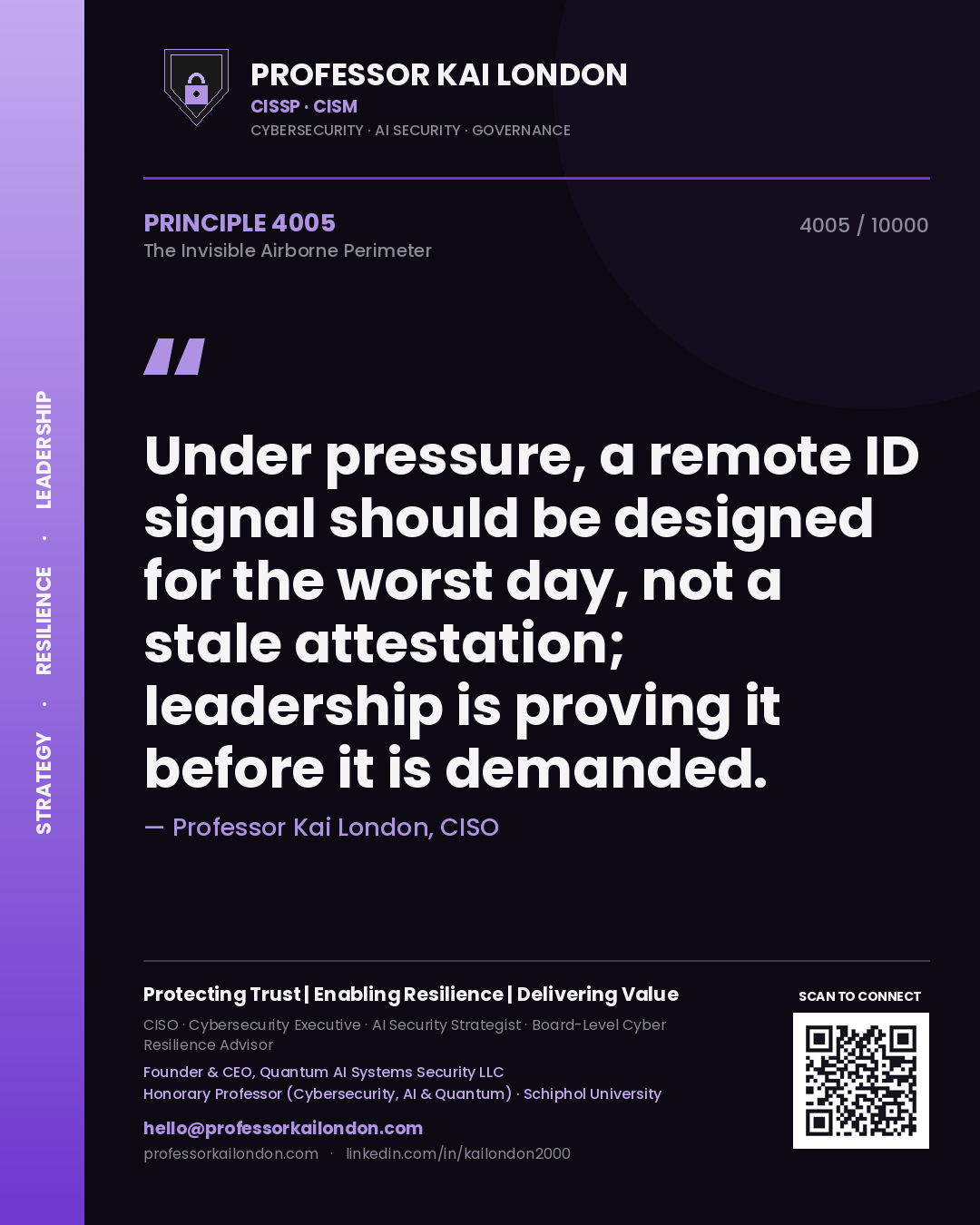 Quote card by Professor Kai London reading 'Under pressure, a remote ID signal should be designed for the worst day, not a stale attestation; leadership is proving it before it is demanded.'. From the book The Invisible Airborne Perimeter.