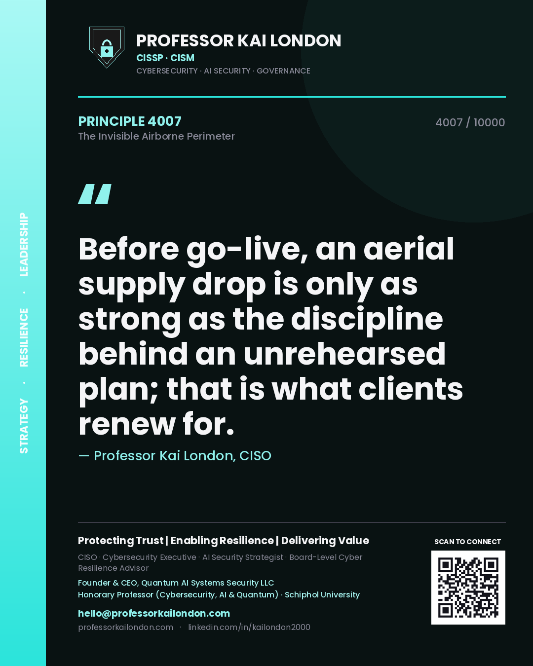 Quote card by Professor Kai London reading 'Before go-live, an aerial supply drop is only as strong as the discipline behind an unrehearsed plan; that is what clients renew for.'. From the book The Invisible Airborne Perimeter.