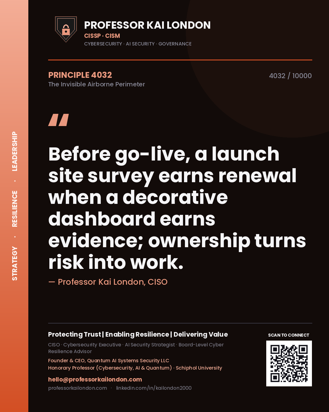Quote card by Professor Kai London reading 'Before go-live, a launch site survey earns renewal when a decorative dashboard earns evidence; ownership turns risk into work.'. From the book The Invisible Airborne Perimeter.