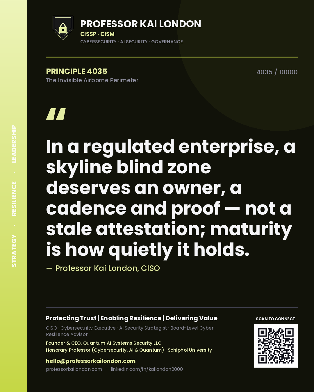 Quote card by Professor Kai London reading 'In a regulated enterprise, a skyline blind zone deserves an owner, a cadence and proof — not a stale attestation; maturity is how quietly it holds.'. From the book The Invisible Airborne Perimeter.