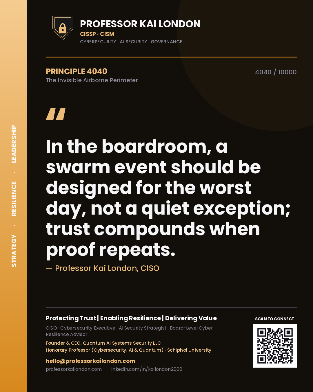 Professor Kai London principle 4040: In the boardroom, a swarm event should be designed for the worst day, not a quiet exception; trust compounds when proof repeats.