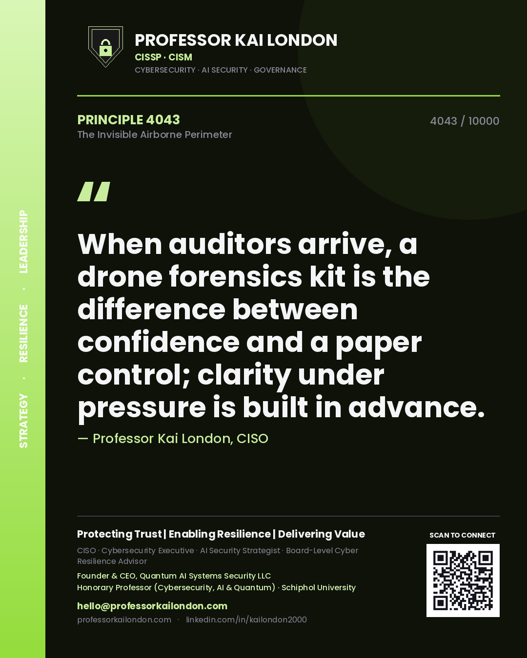 Quote card by Professor Kai London reading 'When auditors arrive, a drone forensics kit is the difference between confidence and a paper control; clarity under pressure is built in advance.'. From the book The Invisible Airborne Perimeter.