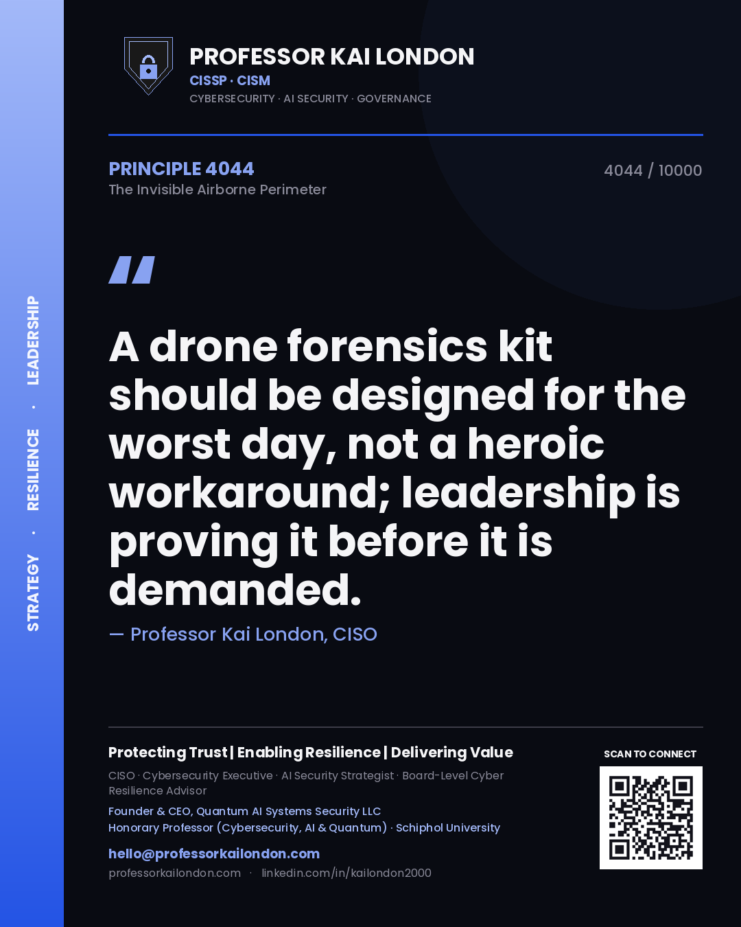 Professor Kai London principle 4044: A drone forensics kit should be designed for the worst day, not a heroic workaround; leadership is proving it before it is demanded.
