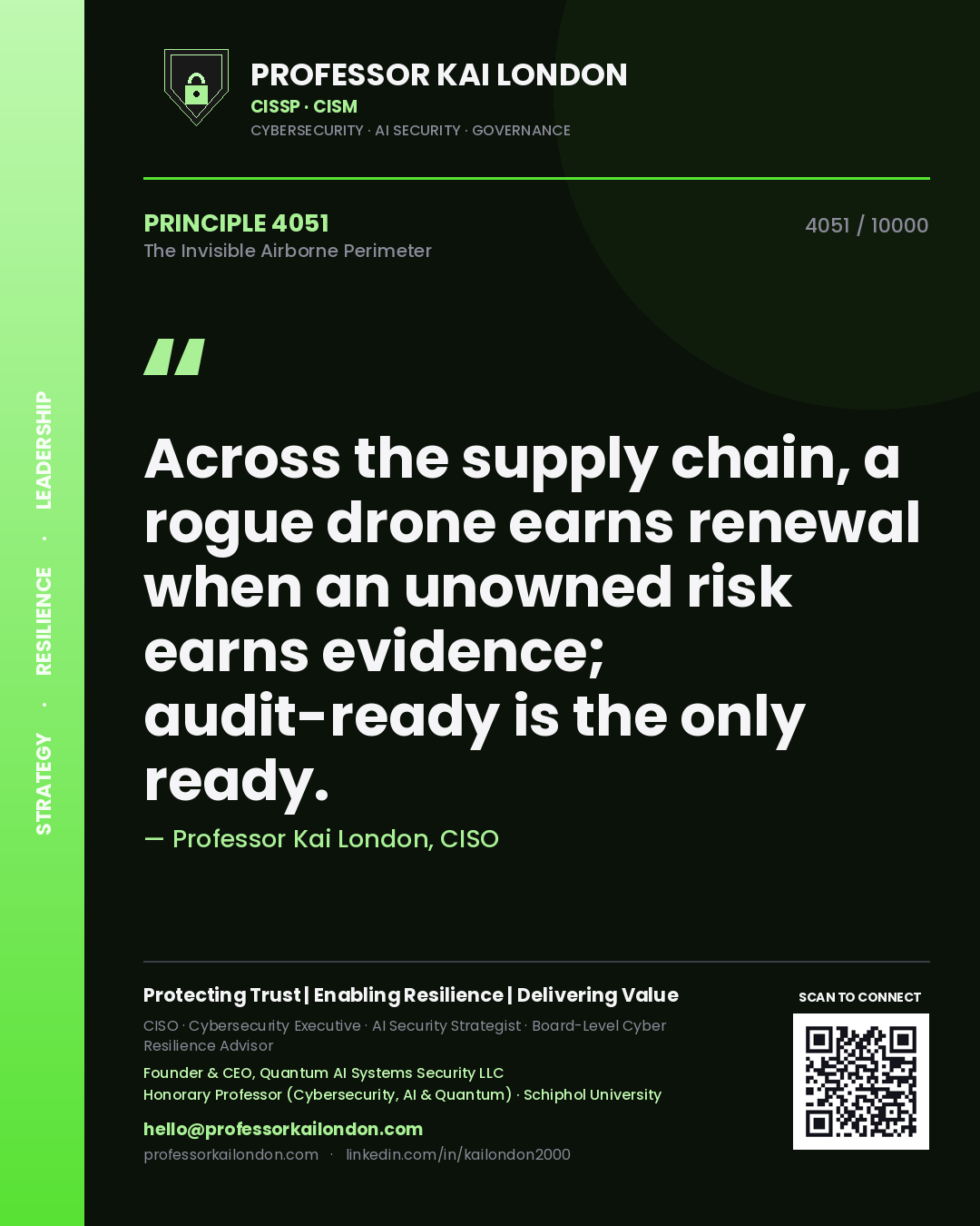 Quote card by Professor Kai London reading 'Across the supply chain, a rogue drone earns renewal when an unowned risk earns evidence; audit-ready is the only ready.'. From the book The Invisible Airborne Perimeter.