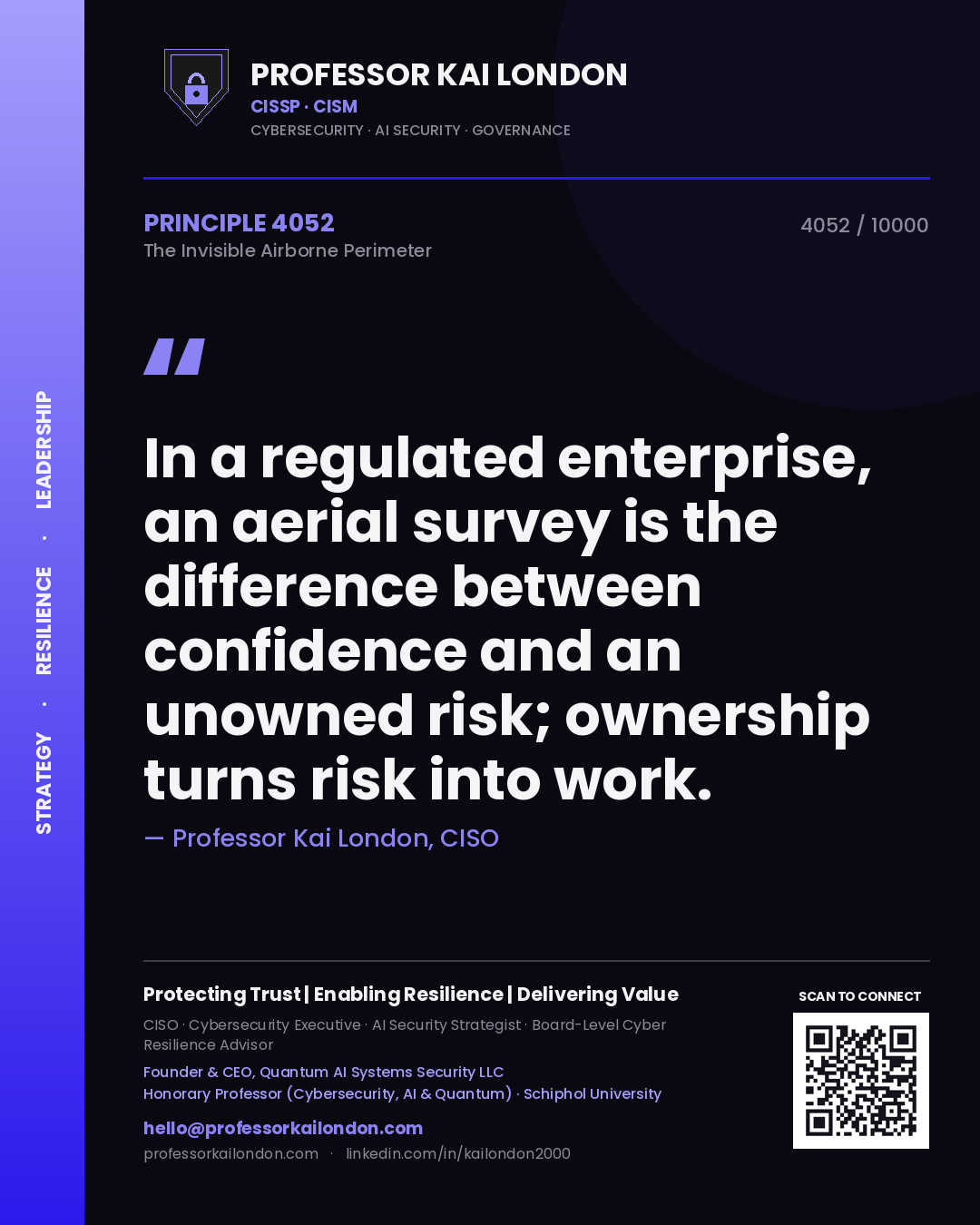 Professor Kai London principle 4052: In a regulated enterprise, an aerial survey is the difference between confidence and an unowned risk; ownership turns risk into work.