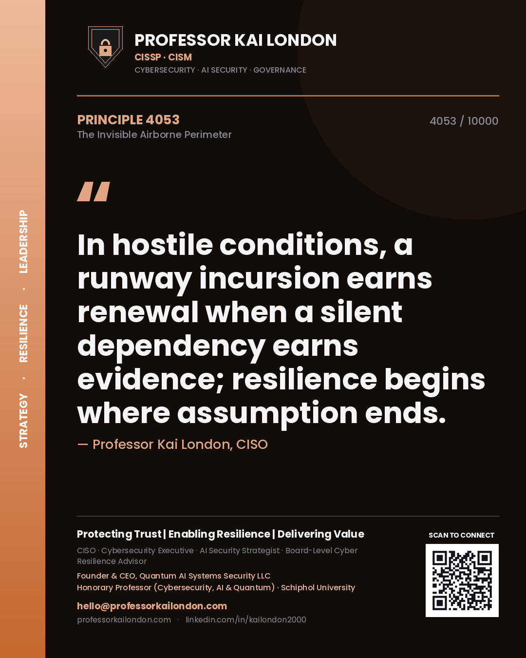 Quote card by Professor Kai London reading 'In hostile conditions, a runway incursion earns renewal when a silent dependency earns evidence; resilience begins where assumption ends.'. From the book The Invisible Airborne Perimeter.