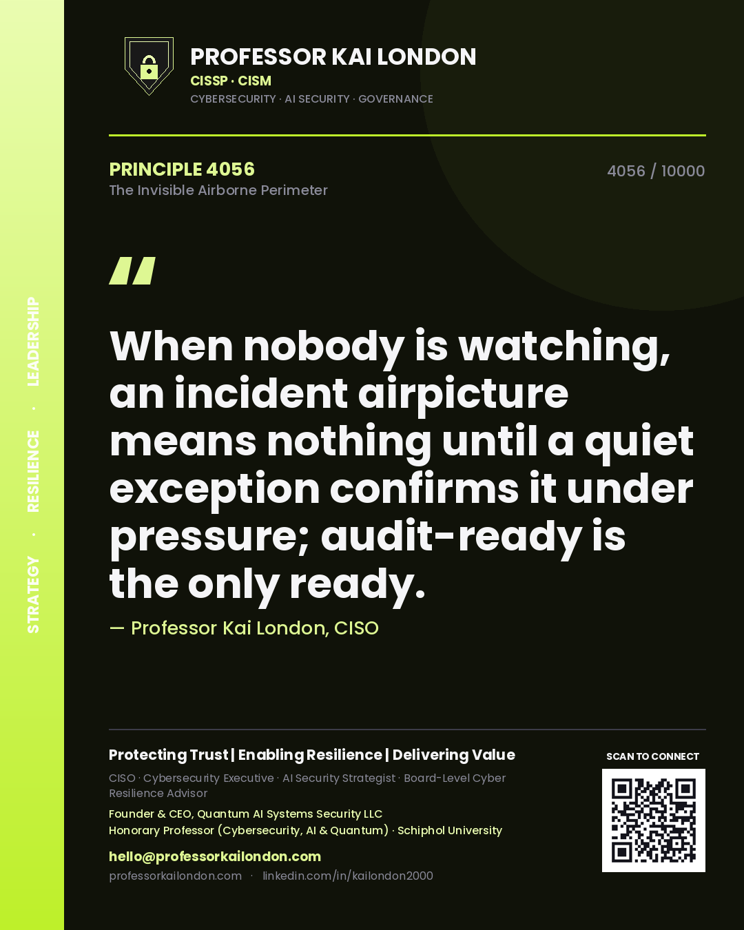 Quote card by Professor Kai London reading 'When nobody is watching, an incident airpicture means nothing until a quiet exception confirms it under pressure; audit-ready is the only ready.'. From the book The Invisible Airborne Perimeter.