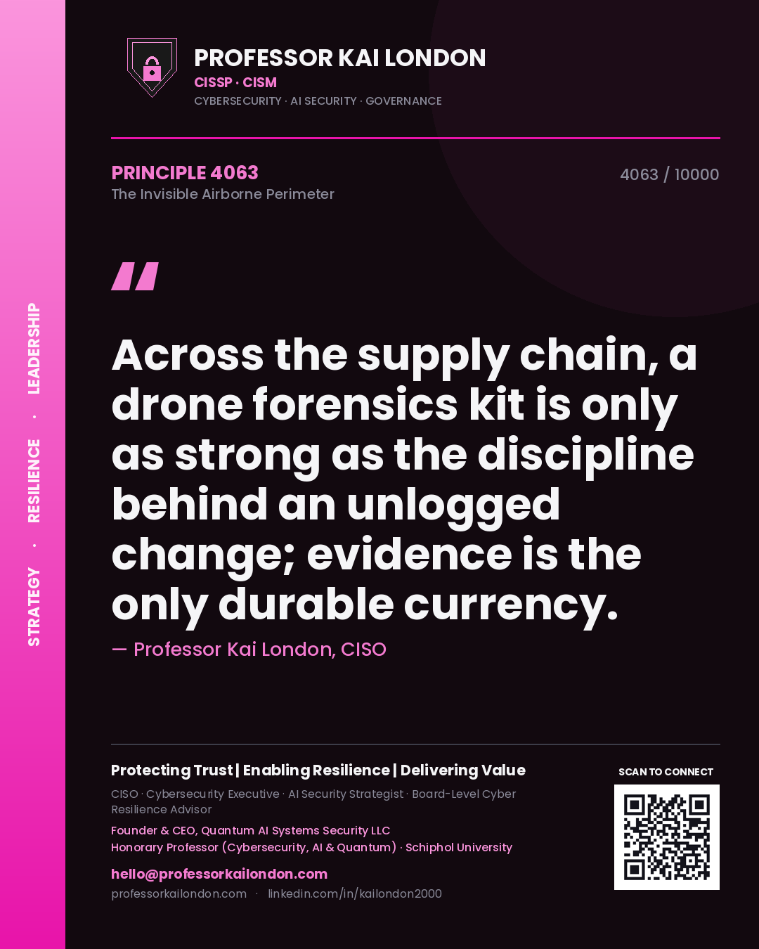 Quote card by Professor Kai London reading 'Across the supply chain, a drone forensics kit is only as strong as the discipline behind an unlogged change; evidence is the only durable currency.'. From the book The Invisible Airborne Perimeter.
