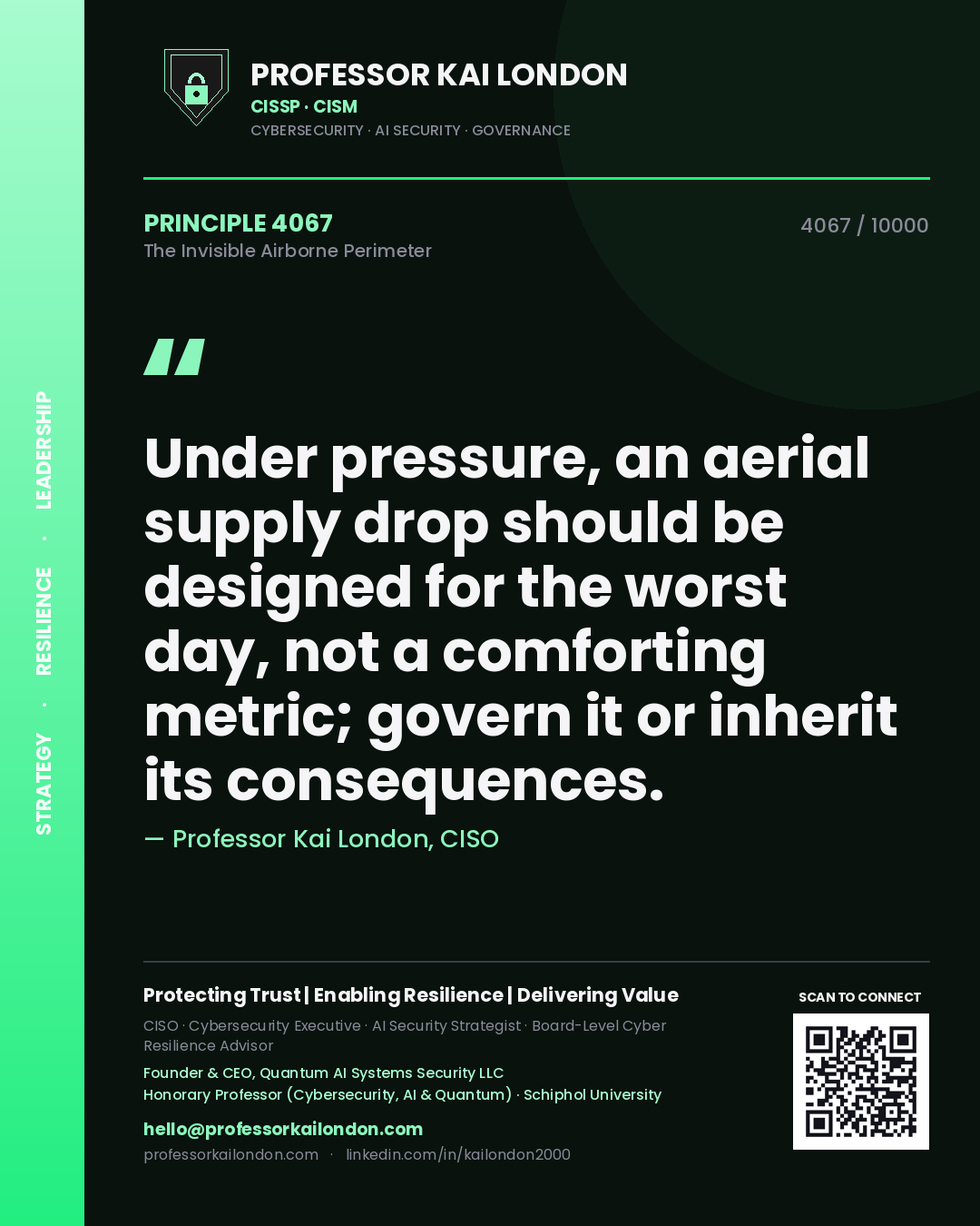 Quote card by Professor Kai London reading 'Under pressure, an aerial supply drop should be designed for the worst day, not a comforting metric; govern it or inherit its consequences.'. From the book The Invisible Airborne Perimeter.
