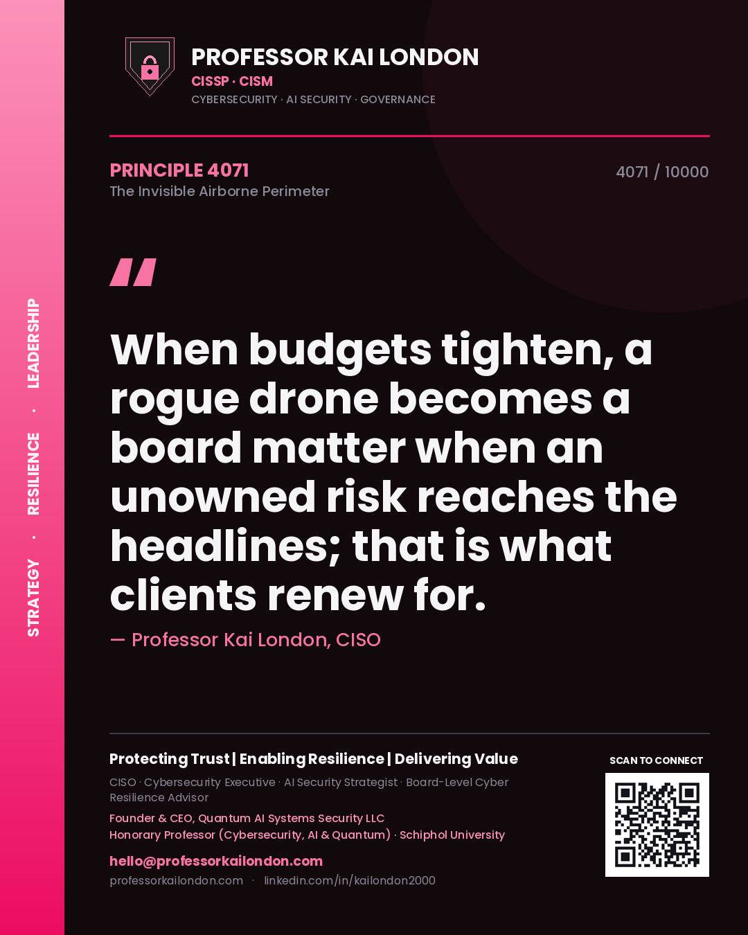 Quote card by Professor Kai London reading 'When budgets tighten, a rogue drone becomes a board matter when an unowned risk reaches the headlines; that is what clients renew for.'. From the book The Invisible Airborne Perimeter.