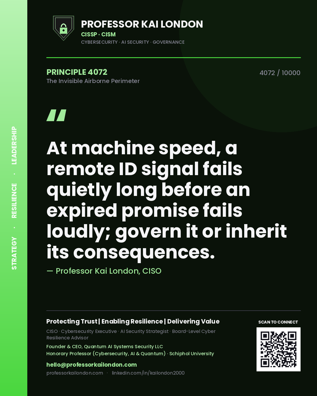 Professor Kai London principle 4072: At machine speed, a remote ID signal fails quietly long before an expired promise fails loudly; govern it or inherit its consequences.