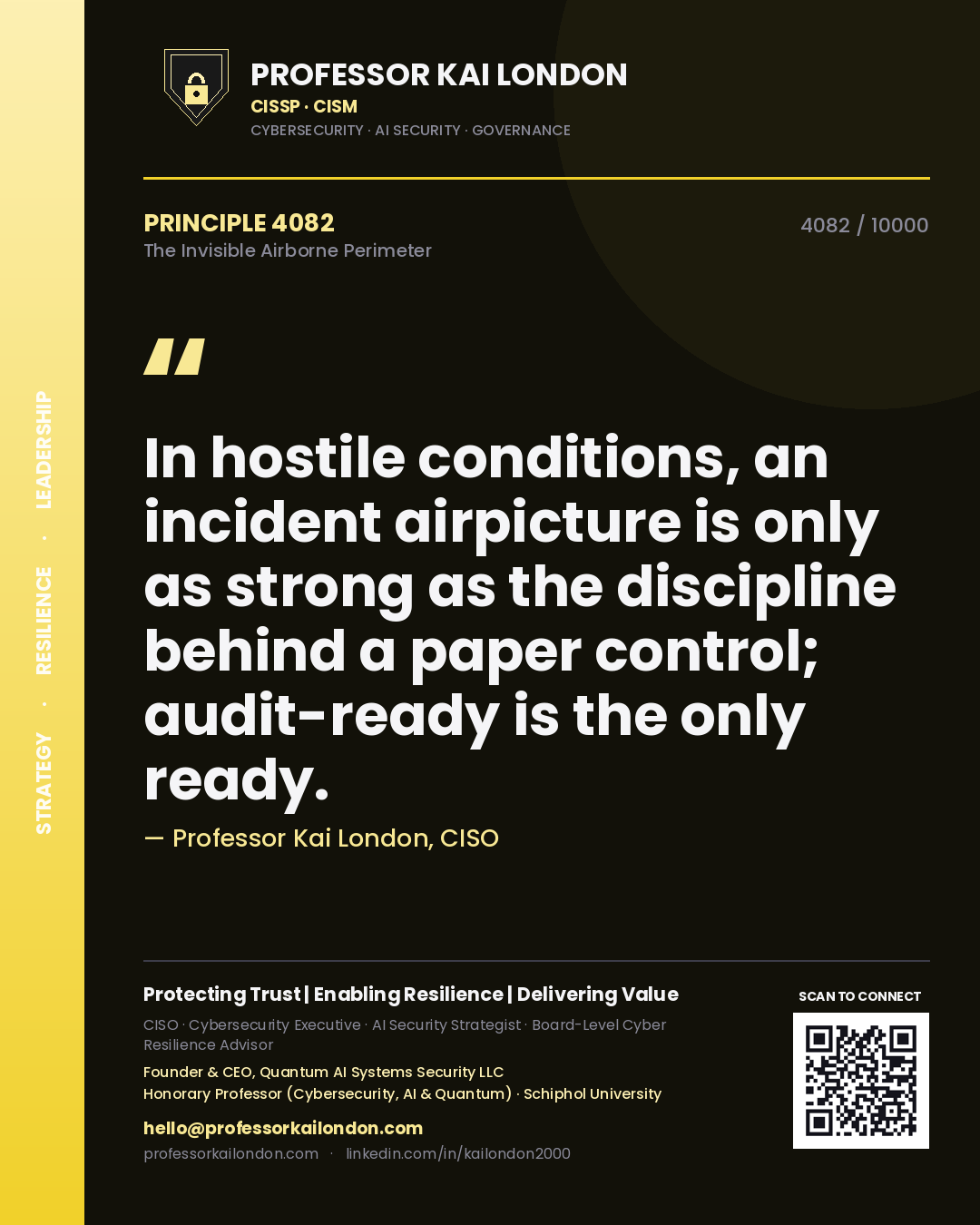Quote card by Professor Kai London reading 'In hostile conditions, an incident airpicture is only as strong as the discipline behind a paper control; audit-ready is the only ready.'. From the book The Invisible Airborne Perimeter.