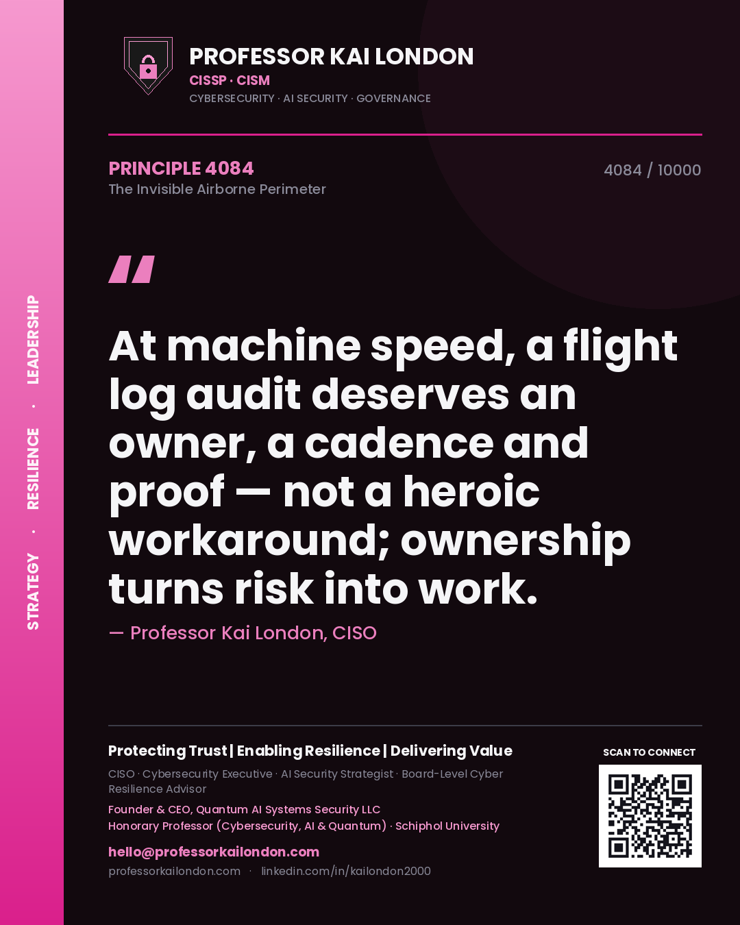 Quote card by Professor Kai London reading 'At machine speed, a flight log audit deserves an owner, a cadence and proof — not a heroic workaround; ownership turns risk into work.'. From the book The Invisible Airborne Perimeter.