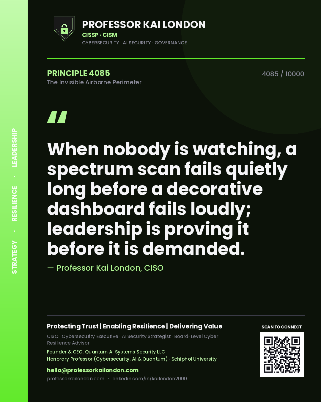 Quote card by Professor Kai London reading 'When nobody is watching, a spectrum scan fails quietly long before a decorative dashboard fails loudly; leadership is proving it before it is demanded.'. From the book The Invisible Airborne Perimeter.