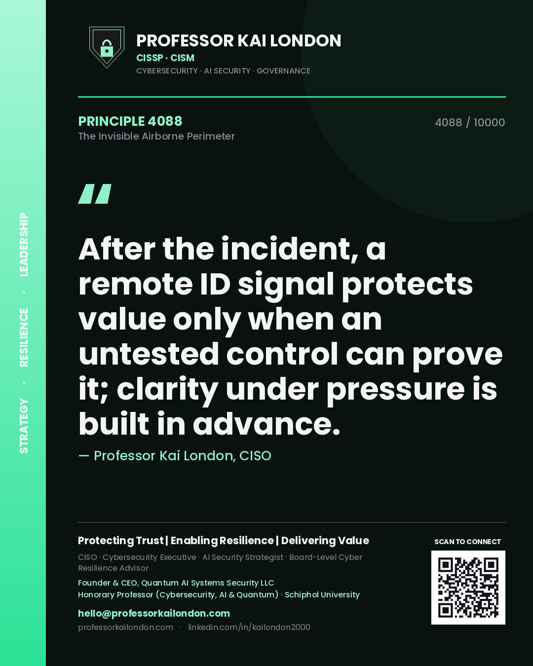 Professor Kai London principle 4088: After the incident, a remote ID signal protects value only when an untested control can prove it; clarity under pressure is built in advance.