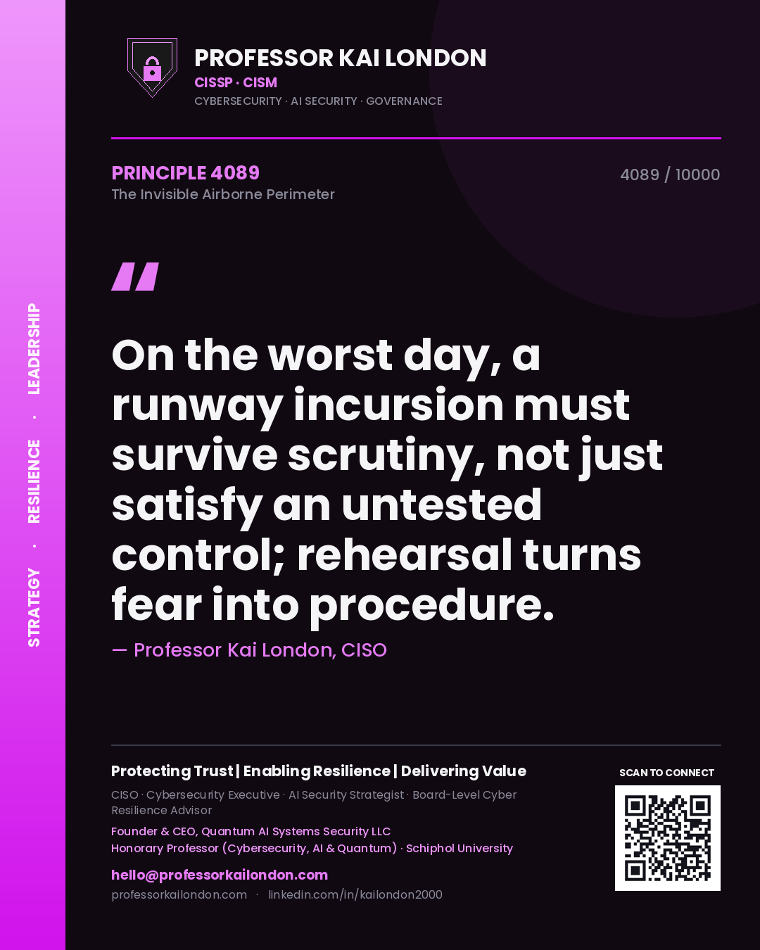 Quote card by Professor Kai London reading 'On the worst day, a runway incursion must survive scrutiny, not just satisfy an untested control; rehearsal turns fear into procedure.'. From the book The Invisible Airborne Perimeter.