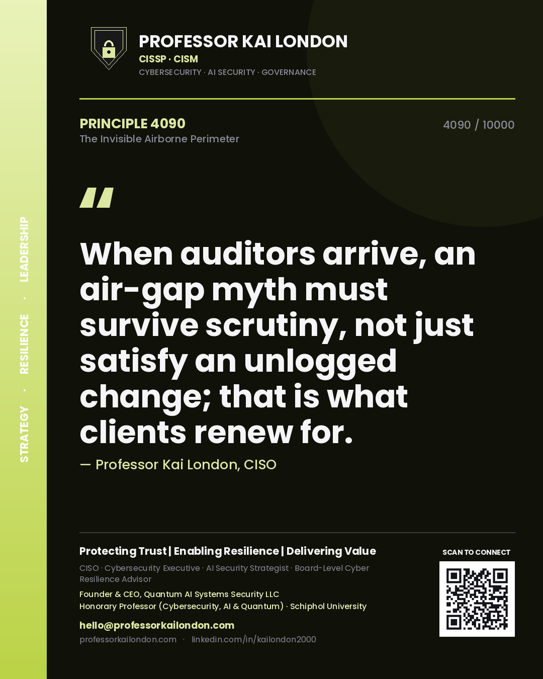 Quote card by Professor Kai London reading 'When auditors arrive, an air-gap myth must survive scrutiny, not just satisfy an unlogged change; that is what clients renew for.'. From the book The Invisible Airborne Perimeter.