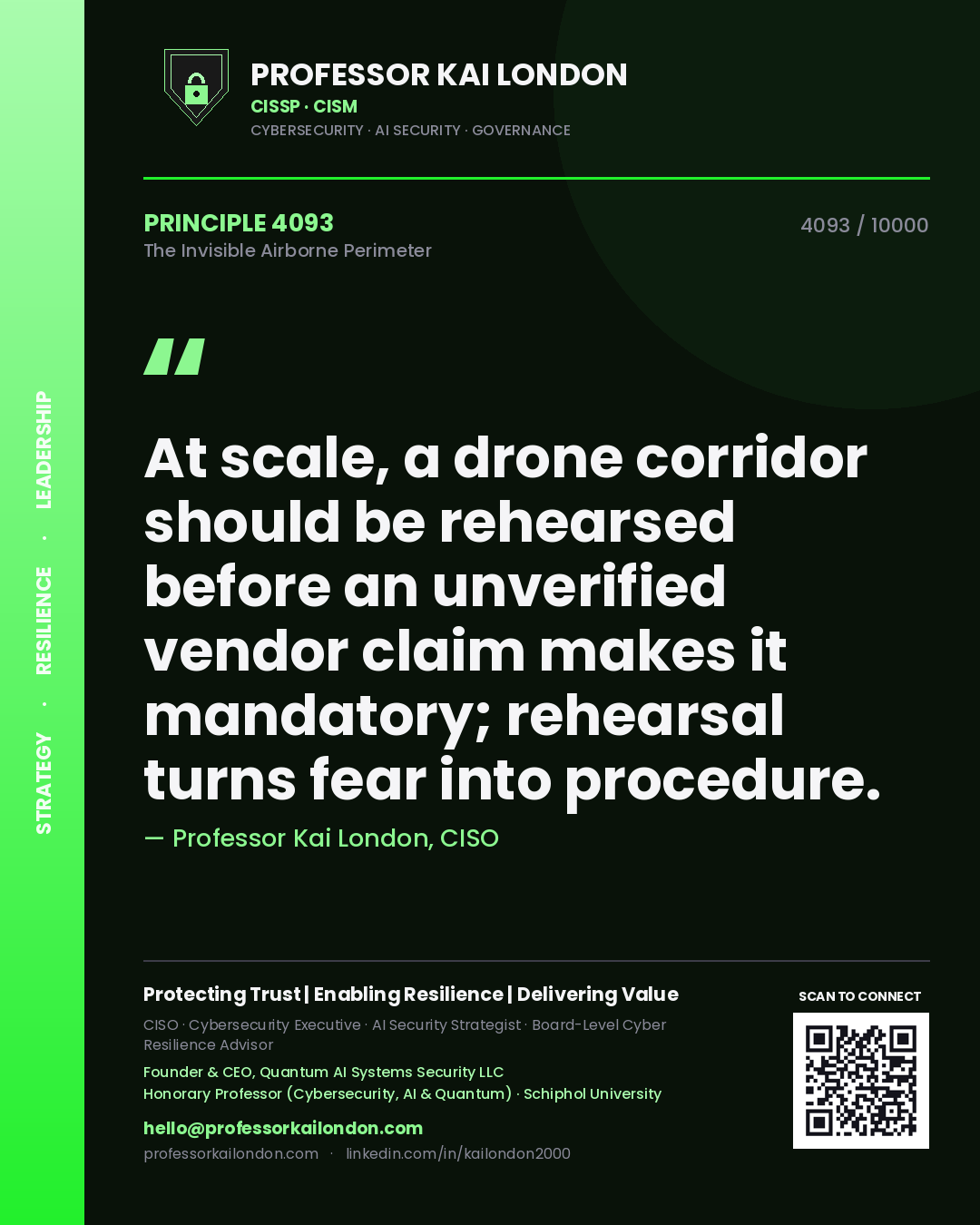 Quote card by Professor Kai London reading 'At scale, a drone corridor should be rehearsed before an unverified vendor claim makes it mandatory; rehearsal turns fear into procedure.'. From the book The Invisible Airborne Perimeter.