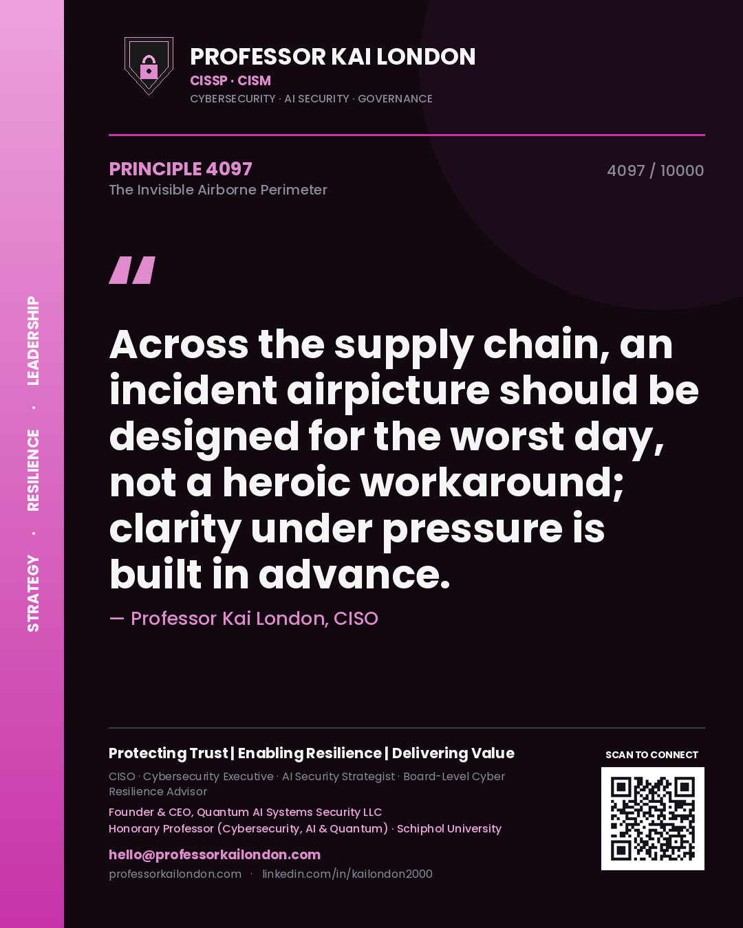 Quote card by Professor Kai London reading 'Across the supply chain, an incident airpicture should be designed for the worst day, not a heroic workaround; clarity under pressure is built in advance.'. From the book The Invisible Airborne Perimeter.
