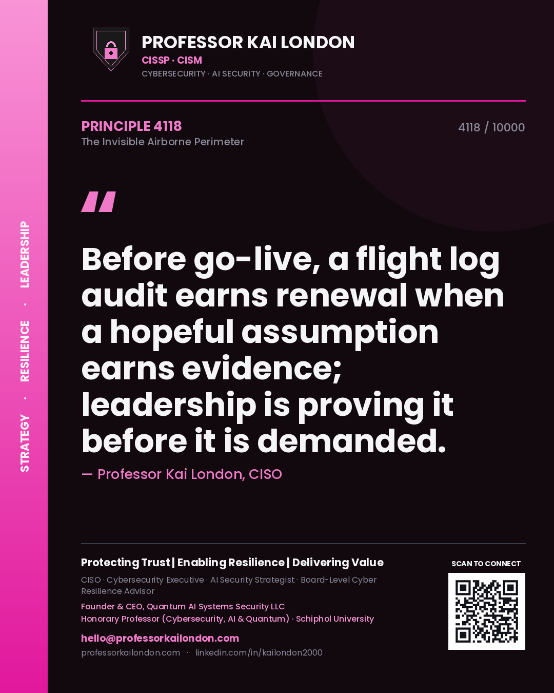 Quote card by Professor Kai London reading 'Before go-live, a flight log audit earns renewal when a hopeful assumption earns evidence; leadership is proving it before it is demanded.'. From the book The Invisible Airborne Perimeter.