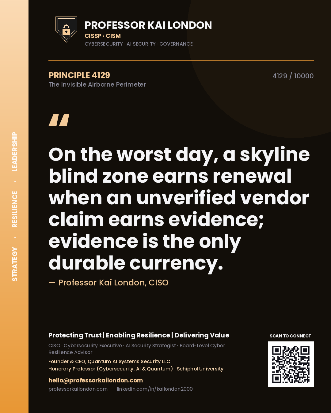 Professor Kai London principle 4129: On the worst day, a skyline blind zone earns renewal when an unverified vendor claim earns evidence; evidence is the only durable currency.